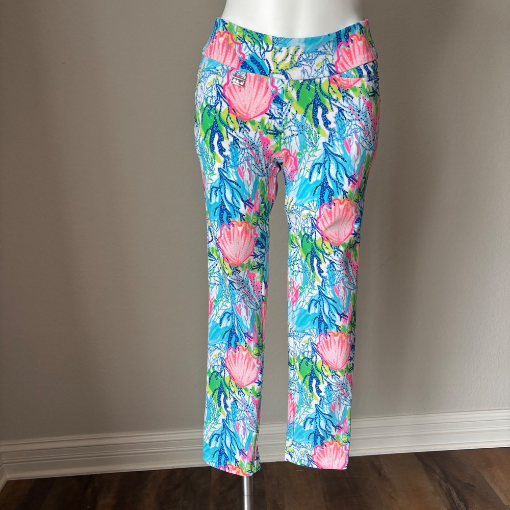 Lulu-B Seashell Beach Cropped Tropical Pink Blue Pants Size 2 Preppy Resortwear